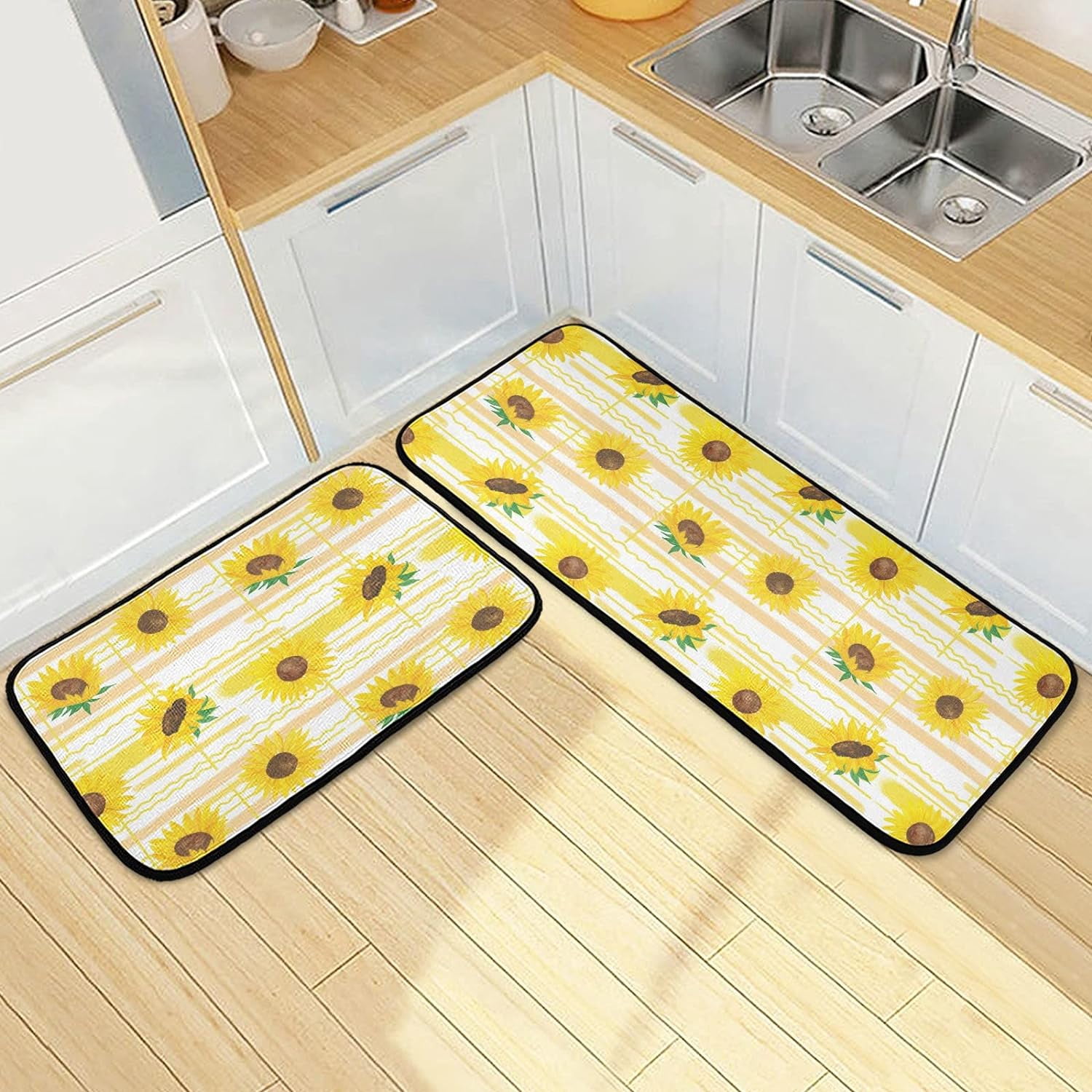 Sunflower Rugs For Kitchen SKYSONIC Sunflower Leaves Floral Kitchen Mats and Rugs Yellow White ...