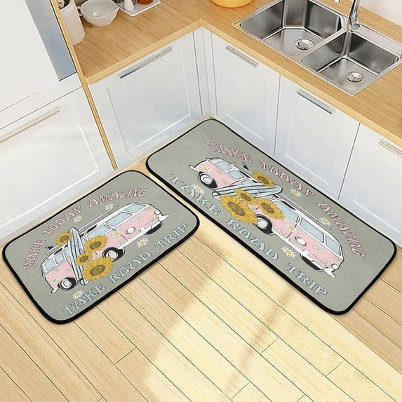 SKYSONIC Sunflower Pink Touring Car Kitchen Mats and Rugs Take Road Trip Floor Runner Area Rug Washable Carpet Perfect for Living Room Bedroom Entryway,19.7"x27.6"+19.7"x47.2"