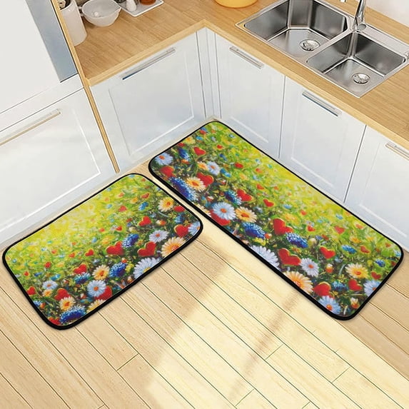 SKYSONIC Sunflowers Hearts Field Kitchen Mats and Rugs Watercolor Floor Runner Area Rug Washable Carpet Perfect for Living Room Bedroom Entryway,19.7"x27.6"+19.7"x47.2"