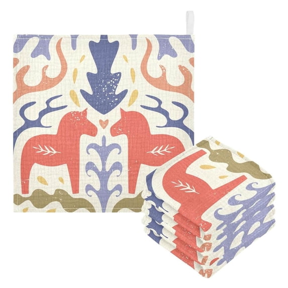 SKYSONIC Swedish Dala Red Horse Baby Muslin Washcloths Face Towel, 3 PCS Retro Ethnic Burp Cloths Cotton Wipes Infant Wash Cloth for Newborn Boys Girls 12"x12"