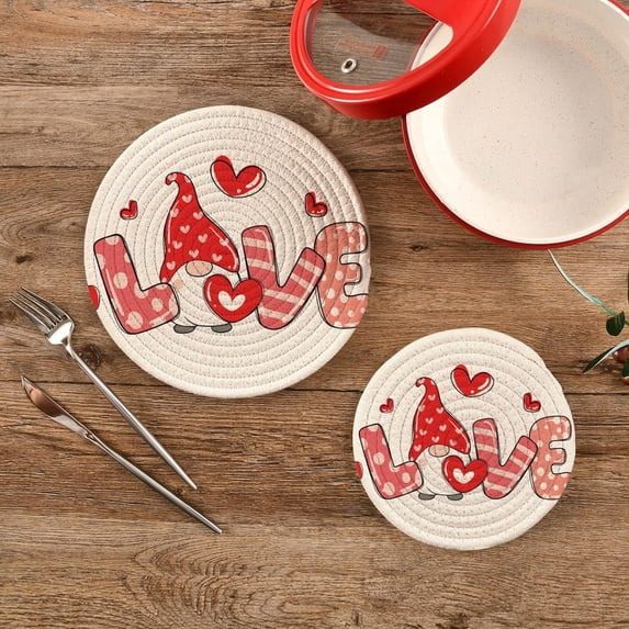 SKYSONIC Sweet Love Gnome Pot Holders Trivets, 2 Pcs Heat Resistant Trivets,Valentine Gift Cotton Thread Weave Mats for Hot Pads Pans Pot Bowl Teapot for Kitchen Decor