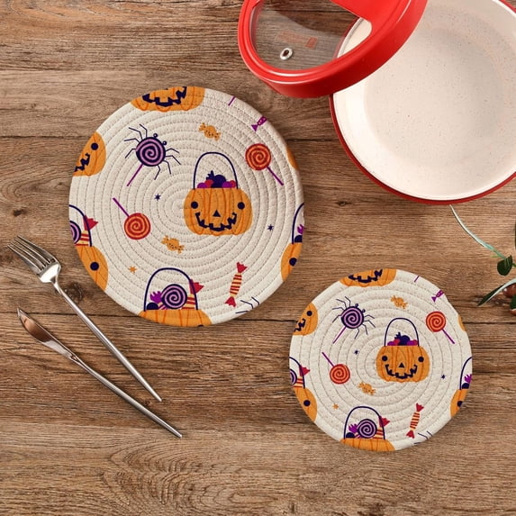 SKYSONIC Sweets Candies Pumpkin Trivet Pot Holders Pads, Set of 2 Halloween Spider Pot Holder Heat Resistant Trivets Cotton Thread Weave Mats Kitchen Table Decor