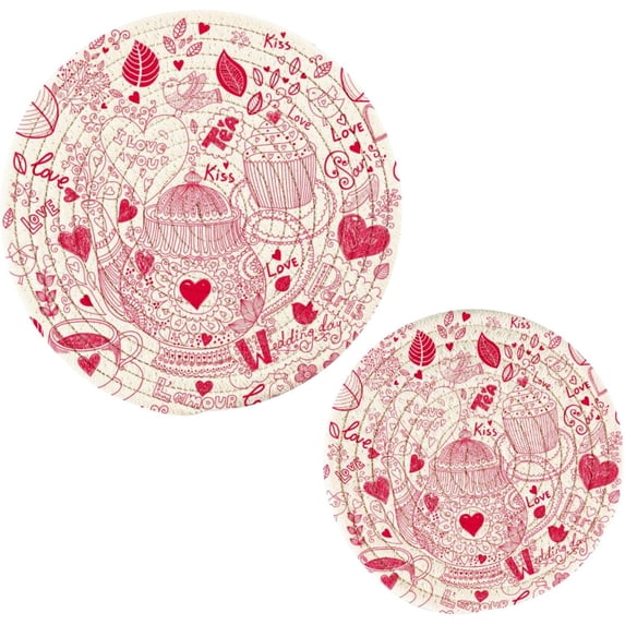 SKYSONIC Tea Pot Cup Cake Pot Holders Trivets, 2 Pcs Heat Resistant Trivets,Vintage Retro Cotton Thread Weave Mats for Hot Pads Pans Pot Bowl Teapot for Kitchen Decor