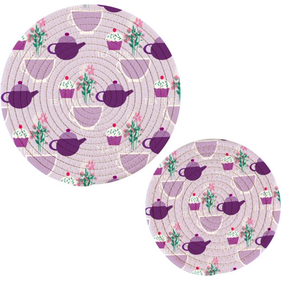 SKYSONIC Teapot Cups Cake Pot Holders Trivets, 2 Pcs Heat Resistant Trivets,Vintage Flower Purple Cotton Thread Weave Mats for Hot Pads Pans Pot Bowl Teapot for Kitchen Decor