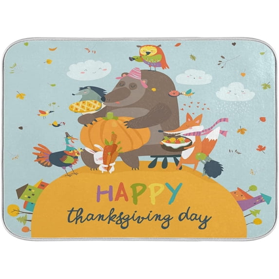 SKYSONIC Thanksgiving Dish Drying Mat for Kitchen Counter, Autumn Pumpkin Maple Leaves Ultra Absorbent Reversible Microfiber Dishes Drying Rack Pad Heat-resistant Mats 16x18in