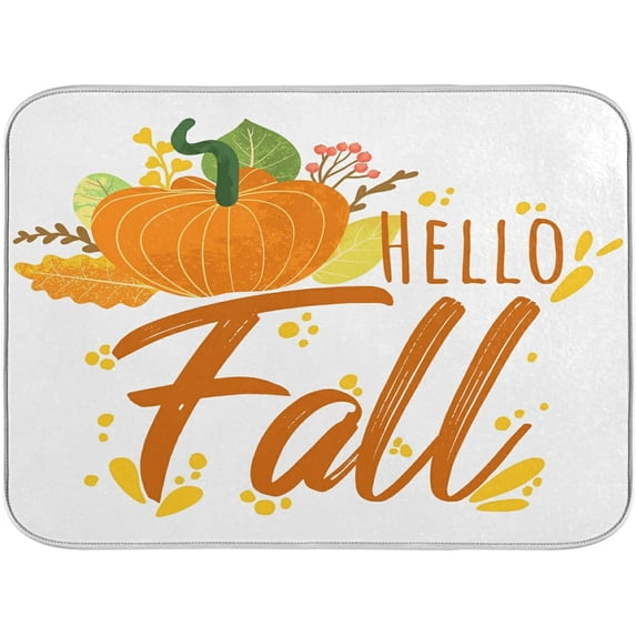 SKYSONIC Thanksgiving Dish Drying Mat for Kitchen Counter, Autumn Pumpkin Maple Leaves Ultra Absorbent Reversible Microfiber Dishes Drying Rack Pad Heat-resistant Mats 16x18in