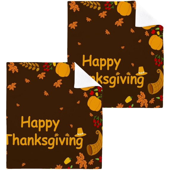 SKYSONIC Thanksgiving Washcloths Set of 2, Highly Absorbent Soft Cotton Fingertip Towels for Bathroom, Kitchen, Gym, Spa, Home Decor, 12 x 12 Inch