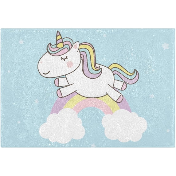 SKYSONIC Toilet Bathroom Rugs Sets 2 Piece, Rainbow Unicorn Blue Soft Absorbent Fluffy Toilet Mat Set Non-Slip Rubber Backing Bath Mats for Bathroom,16"x24"+20"x24"