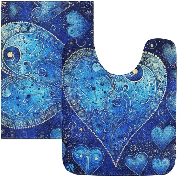 SKYSONIC Toiletry Mat Art Blue Heart Print, Fluffy Plush Absorbent Bath Rugs Carpet with Non Slip Bottom for Bathroom Floor Toilet Tub and Shower