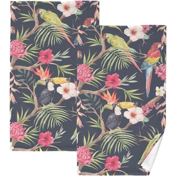 SKYSONIC Toucan Parrot Tropical Patterned Hand Towels 2 PCS, Cotton Bath Towel for Drying Face Hands Body ,Absorbent Lightweight Towels for Bathroom Ktichen Travel Gym, 16"x28"