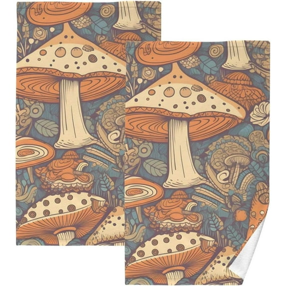 SKYSONIC Towels Set of 2 Vintage Brown Mushroom Print for Bathroom Kitchen Travel 16×28 inch, Cotton Bath Towels Lightweight Quickdry for Bathroom Ktichen Travel SPA Gym
