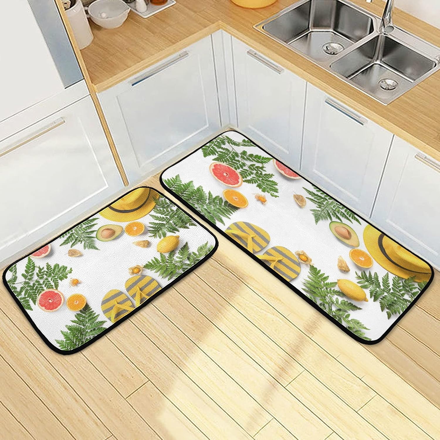 SKYSONIC Tropical Leaves Lemon Kitchen Rugs Set of 2, Summer Flip Flop ...