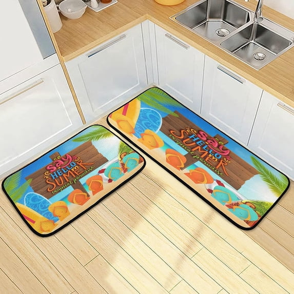 SKYSONIC Tropical Ocean Beach Sand Kitchen Mats and Rugs Hello Summer Floor Runner Area Rug Washable Carpet Perfect for Living Room Bedroom Entryway,19.7"x27.6"+19.7"x47.2"