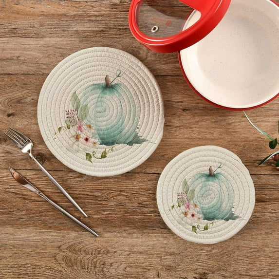 SKYSONIC Turquoise Pumpkins Trivet Round Hot Pads, Set of 2 Autumn Watercolor Flowers Pot Holder Heat Resistant Trivets Cotton Thread Weave Mats for Kitchen Counter Hot Dishes Pot Teapot Table Decor