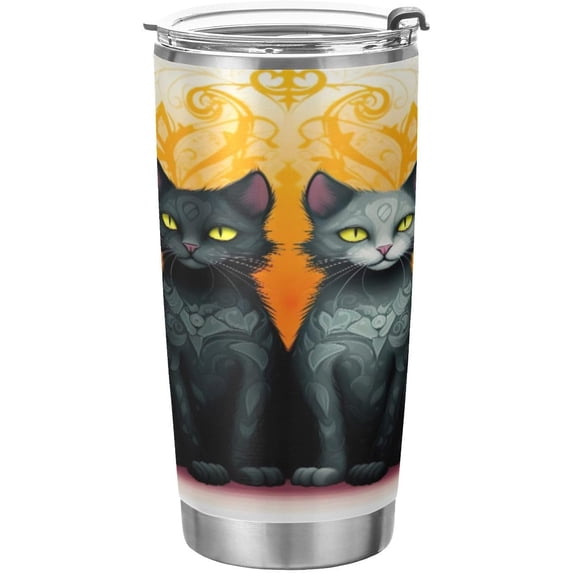 SKYSONIC Two Cats Tumbler Stainless Steel Double Wall Vacuum Reusable Insulated Mug with Straw and Built-in Coaste for Cold and Hot Beverages, 12oz