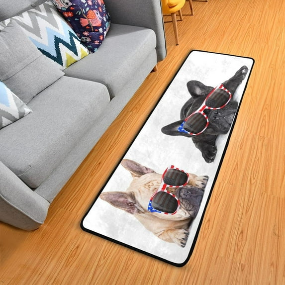 SKYSONIC USA French Bulldog Dogs Runner Rug with Rubber Backing, Fourth of July Independece Non Slip Entryway Rug Runner Washable Soft Area Rug Carpet for Hallway Bedroom Kitchen Decor,2'x6'