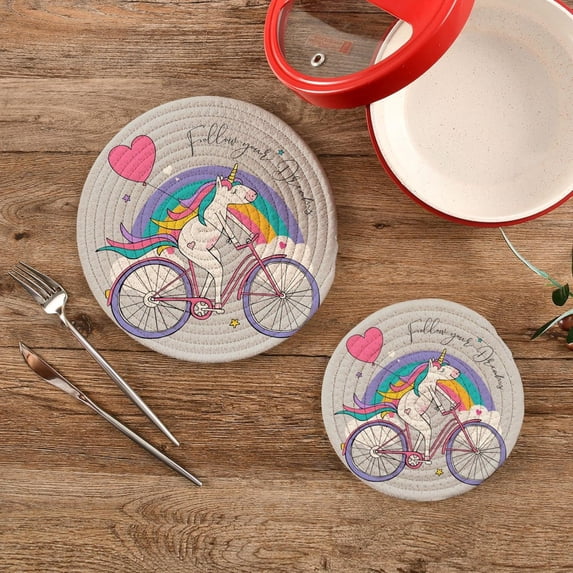 SKYSONIC Unicorn Heart Balloon Pot Holders Trivets, 2 Pcs Heat Resistant Trivets,Valentine Bicycle Cotton Thread Weave Mats for Hot Pads Pans Pot Bowl Teapot for Kitchen Decor