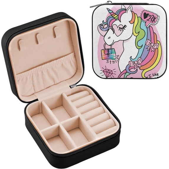 SKYSONIC Unicorn Travel Jewelry Box PU Leather Jewelry Organizer Ideal Gift for Women Girls, Portable Mini Jewelry Travel Case for Stud Earrings Rings Necklaces Bracelets