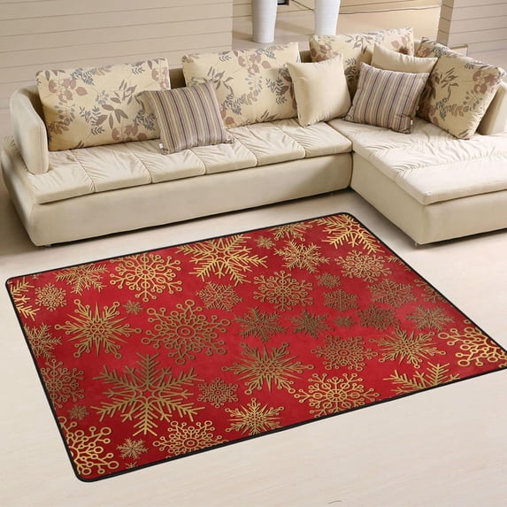 SKYSONIC Unique Golden Snowflakes Non-Slip Area Rug, Merry Christmas Floor Carpet Comfort Floor Mats Decor for Indoor Front Porch,Living Room, Bedroom,Kitchen,72"x48"