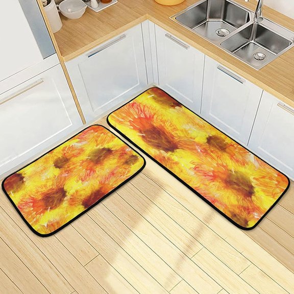 SKYSONIC Unique Sunflowers Kitchen Rugs Set of 2, Yellow Flower Floor Runner Area Rug Washable Carpet Mat Perfect for Living Room Bedroom Entryway