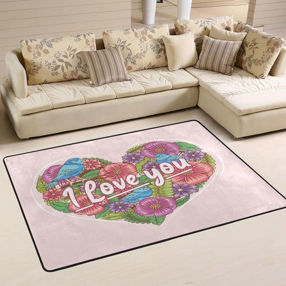 SKYSONIC Valentine Flowers Heart Non-Slip Area Rug, I Love You Floor Carpet Comfort Floor Mats Decor for Indoor Front Porch Living Room Bedroom Kitchen, 36"x24"