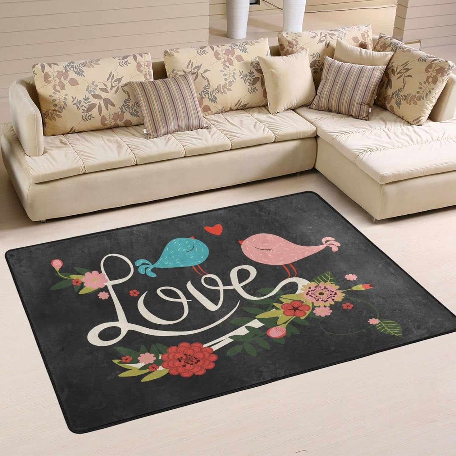 SKYSONIC Valentine Love Doodles Non-Slip Area Rug, Birds Floral Decor ...