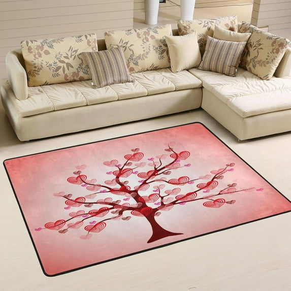 SKYSONIC Valentine Tree Love Cartoon Non-Slip Area Rug, Heart Leaf Floor Carpet Comfort Floor Mats Decor for Indoor Front Porch,Living Room, Bedroom,Kitchen,72"x48"