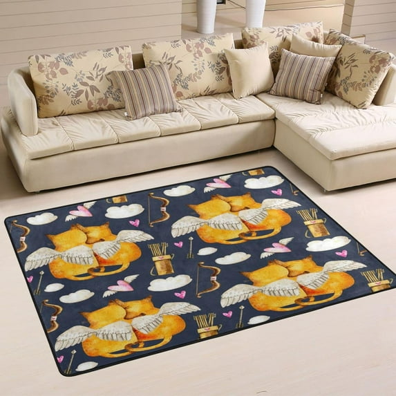 SKYSONIC Valentine's Cat Wing Non-Slip Area Rug, Arrows Bow Pink Hearts Floor Carpet Comfort Floor Mats Decor for Indoor Front Porch,Living Room, Bedroom,Kitchen,72"x48"