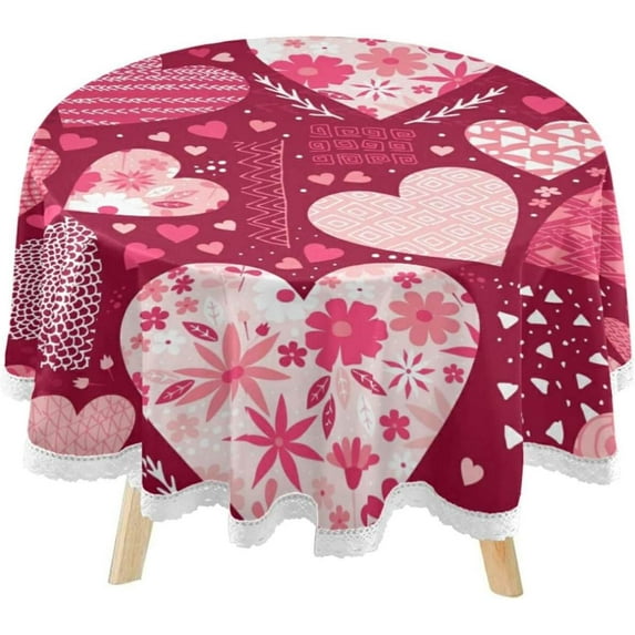 SKYSONIC Valentine's Day Hearts Round Tablecloth 60inch with Lace Indoor Wrinkle Free, Pink Cute Love Floral Circular Table Cover Washable Farmhouse Tabletop for Kitchen Dining Decor