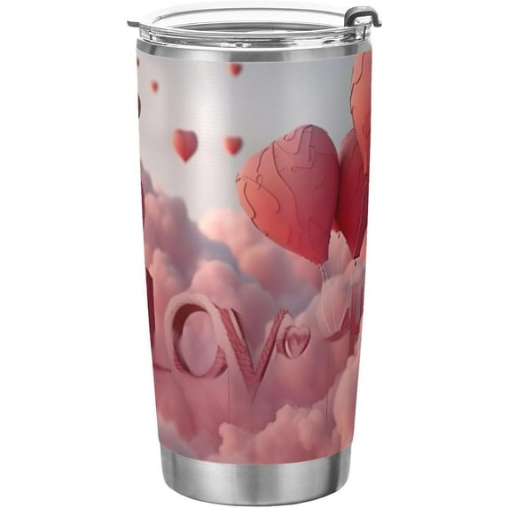 SKYSONIC Valentine's Day Love Heart Tumbler Stainless Steel Double Wall Vacuum Reusable Insulated Mug with Straw and Built-in Coaste for Cold and Hot Beverages, 12oz