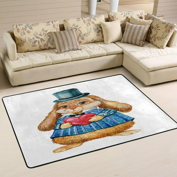 SKYSONIC Valentine's Day Rabbit Cute Non-Slip Area Rug, Heart Red Watercolor Floor Carpet Comfort Floor Mats Decor for Indoor Front Porch Living Room Bedroom Kitchen, 36"x24"