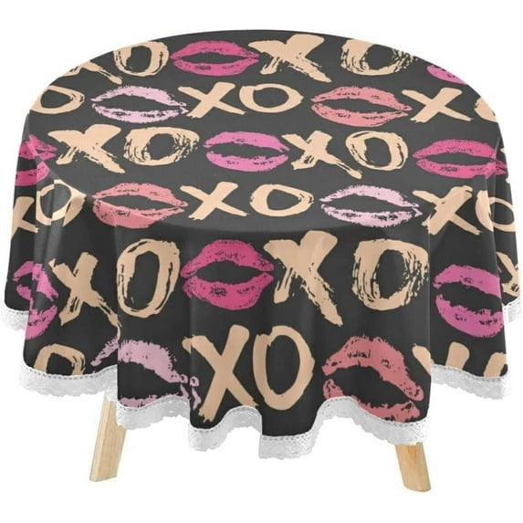SKYSONIC Valentine's Kisses Lips Round Tablecloth 60inch with Lace Indoor Wrinkle Free, Circular Table Cover Washable Farmhouse Tabletop for Kitchen Dining Decor