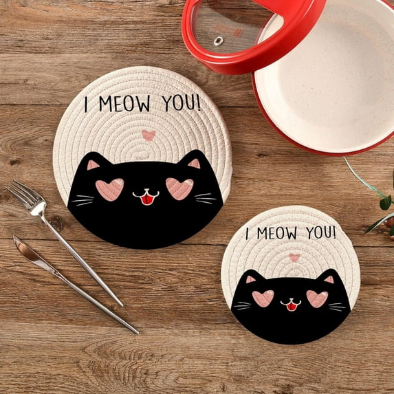 SKYSONIC Valentines Day Black Cat Pot Holders Trivets, 2 Pcs Heat Resistant Trivets,I Meow You Cotton Thread Weave Mats for Hot Pads Pans Pot Bowl Teapot for Kitchen Decor