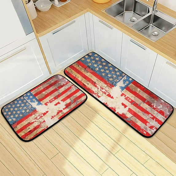 SKYSONIC Vintage American Flag Wall Kitchen Mats and Rugs Grunge USA Flag Floor Runner Area Rug Washable Carpet Perfect for Living Room Bedroom Entryway,19.7"x27.6"+19.7"x47.2"