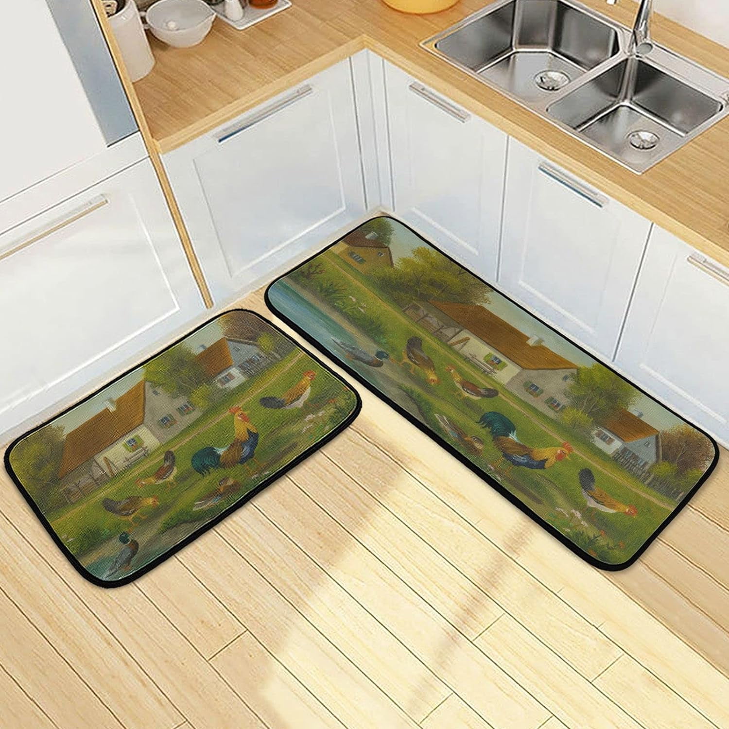 SKYSONIC Vintage Chickens Ducks Kitchen Mats Set of 2 Farm Landscape