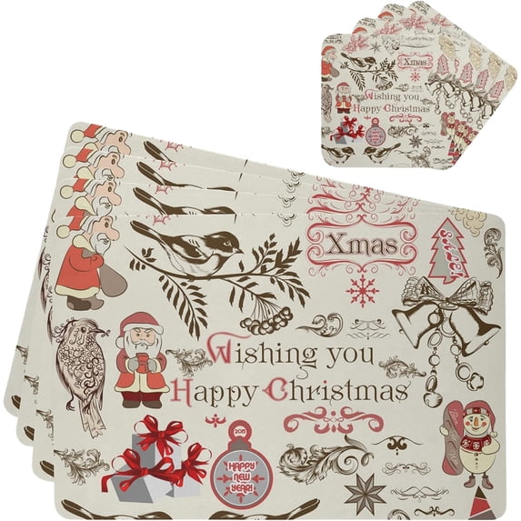 SKYSONIC Vintage Christmas Leather Placemats 4pcs Non Slip Heat-Resistant Washable Waterproof Table Place Mats with Coasters for Kitchen Dining Table Holiday Home Decoration,11.8" x 17.5"