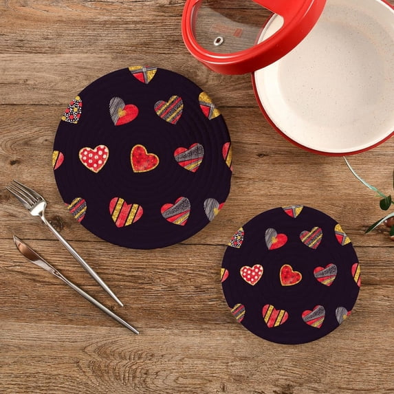 SKYSONIC Vintage Colorful Hearts Pot Holders Trivets, 2 Pcs Heat Resistant Trivets,Valentines Day Cotton Thread Weave Mats for Hot Pads Pans Pot Bowl Teapot for Kitchen Decor