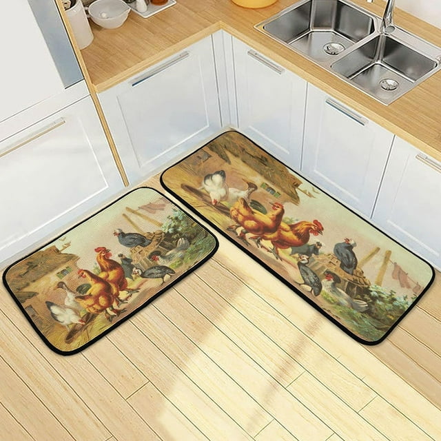 SKYSONIC Vintage Farmhouse Rooster Kitchen Rugs 2 Pieces, Rustic Hens