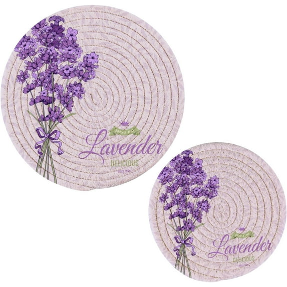 SKYSONIC Vintage Lavender Pot Holders Trivets, 2 Pcs Heat Resistant Trivets,Summer Flower Cotton Thread Weave Mats for Hot Pads Pans Pot Bowl Teapot for Kitchen Decor