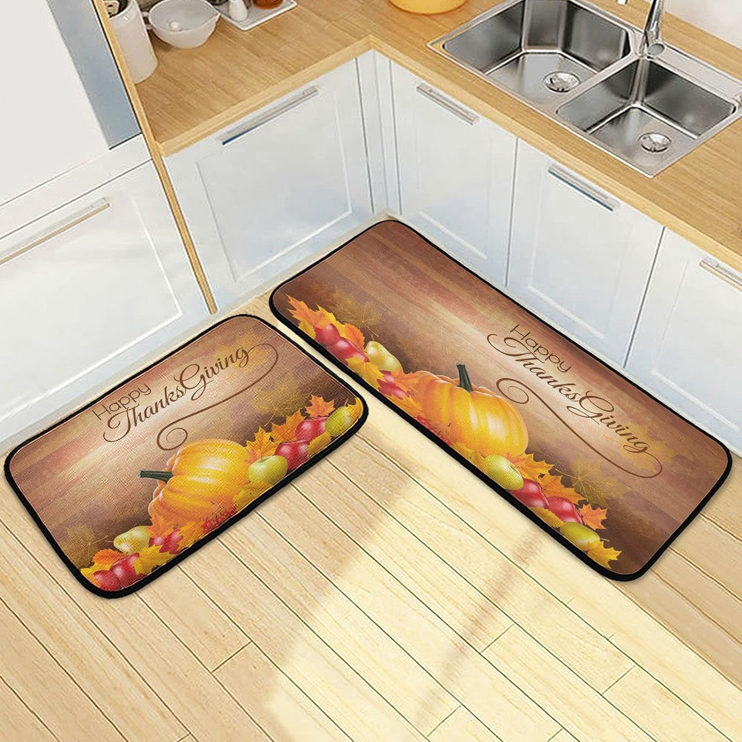 SKYSONIC Vintage Leaves Pumpkin Kitchen Rugs Set of 2, Wooden Board ...