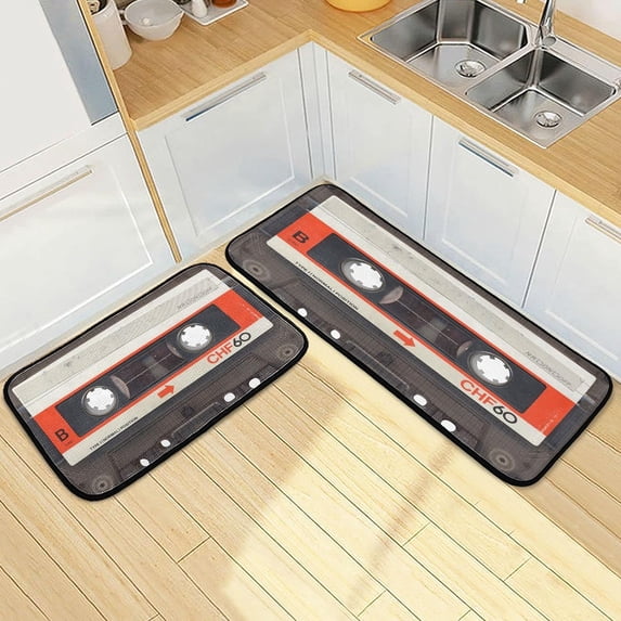 SKYSONIC Vintage Radio Tape Kitchen Mats Set of 2 Retro Music Cassette Anti Fatigue Floor Runner Rug Non Slip Comfort Mat 19.7x27.6 Inch + 19.7x47.2 Inch for Living Room Laundry Room Hallway