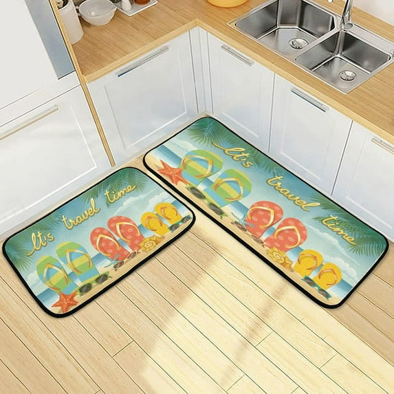 SKYSONIC Vintage Summer Flip Flop Kitchen Rugs Set of 2, Beach Tropical Leaves Floor Runner Area Rug Washable Carpet Mat Perfect for Living Room Bedroom Entryway