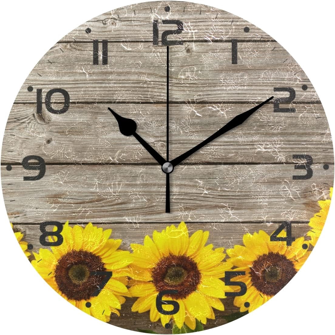 SKYSONIC Vintage Sunflower Flower Wood Board Wall Clock 10 Inch Silent ...