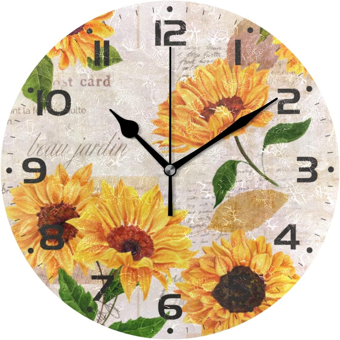 SKYSONIC Vintage Sunflower Wall Clock 10 Inch Silent Non Ticking Round ...