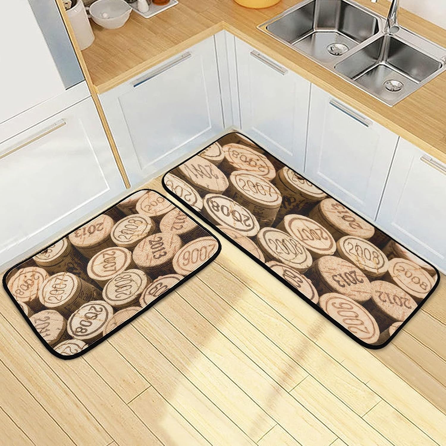 SKYSONIC Vintage Wine Corks Kitchen Rugs Set of 2, Year Dates Retro