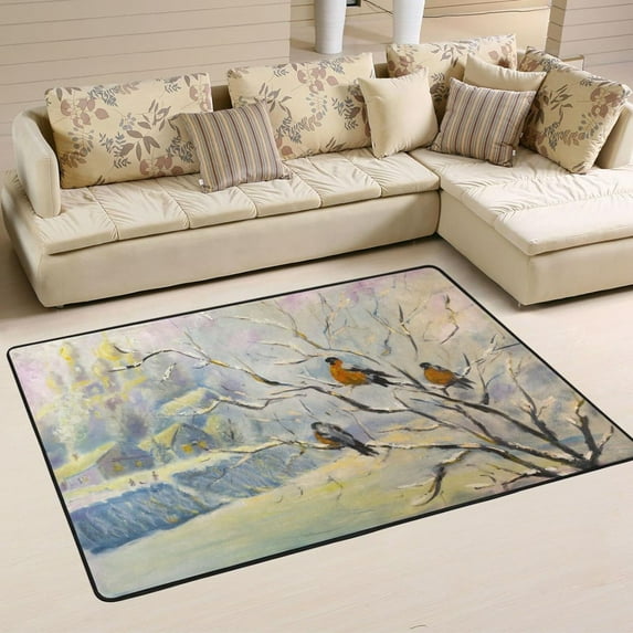 SKYSONIC Vintage Winter Birds Non-Slip Area Rug, Winter Snow Floor Carpet Comfort Floor Mats Decor for Indoor Front Porch Living Room Bedroom Kitchen, 36"x24"