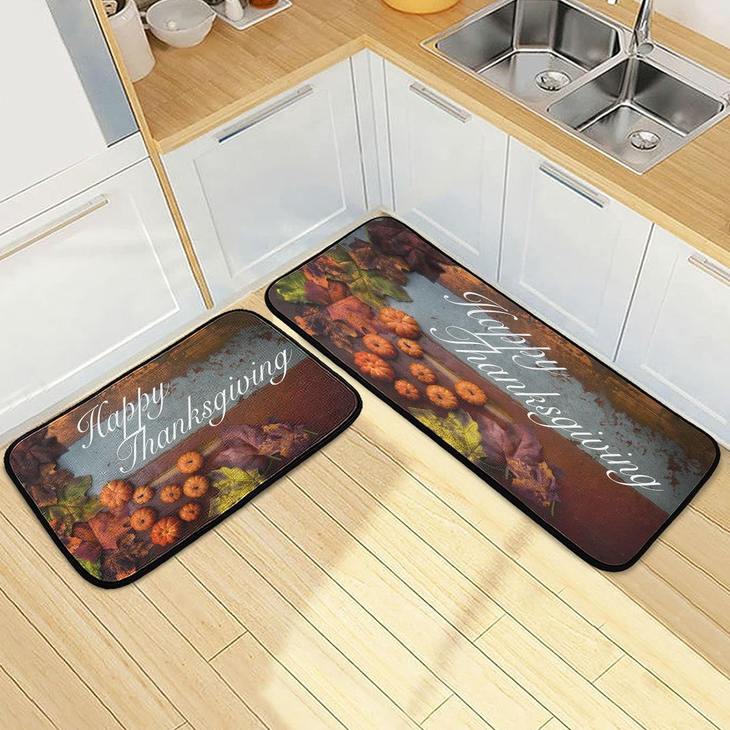 SKYSONIC Vintage Wooden Board Kitchen Rugs Set of 2, Thanksgiving ...