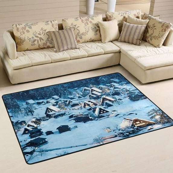 SKYSONIC Warm Winter Houses Non-Slip Area Rug, Snowy Village Floor Carpet Comfort Floor Mats Decor for Indoor Front Porch Living Room Bedroom Kitchen, 36"x24"