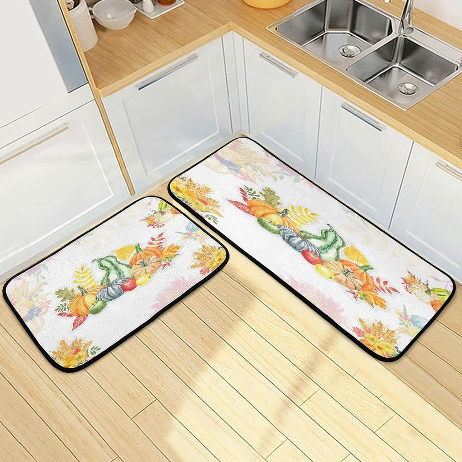SKYSONIC Watercolor Autumn Pumpkins Kitchen Rugs Set of 2, Fall Leaves ...