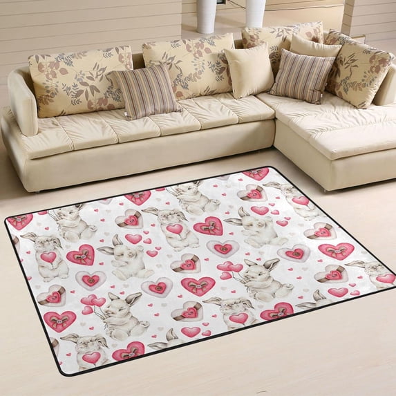SKYSONIC Watercolor Bunny Rabbits Non-Slip Area Rug, Valentine's Heart Floor Carpet Comfort Floor Mats Decor for Indoor Front Porch Living Room Bedroom Kitchen, 36"x24"